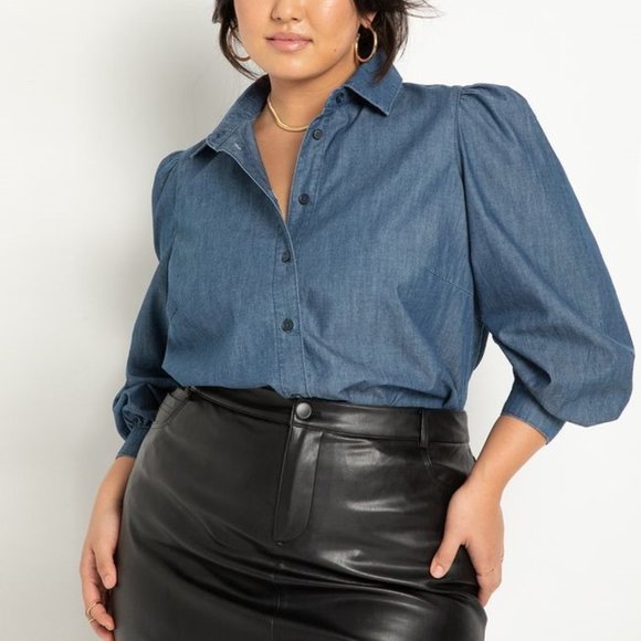 Eloquii Tops - 🖤 NEW Eloquii Puff Sleeve Chambray Button Down Blouse Shirt